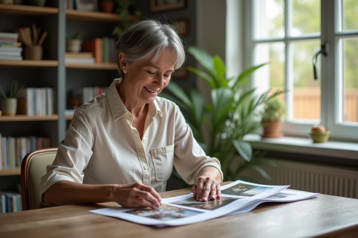 Femme d'âge moyen arrangeant des photos sur une table en bois