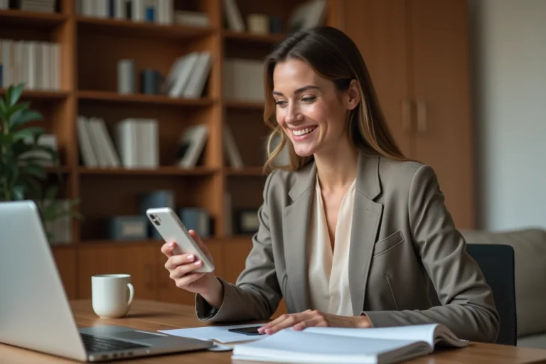 Femme professionnelle souriante à son bureau en regardant son téléphone, illustrant l'équilibre entre vie amoureuse et carrière