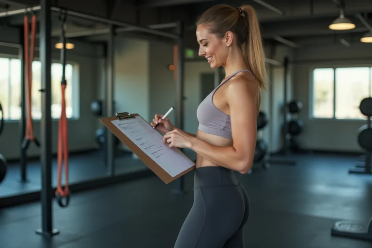 Femme sportive élaborant un programme d'entraînement dans une salle de sport moderne