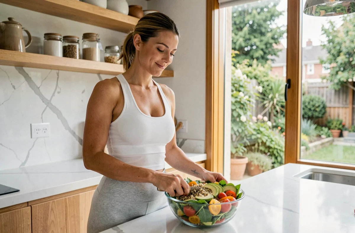 Femme préparant un repas sain et équilibré dans une cuisine moderne pour mincir durablement