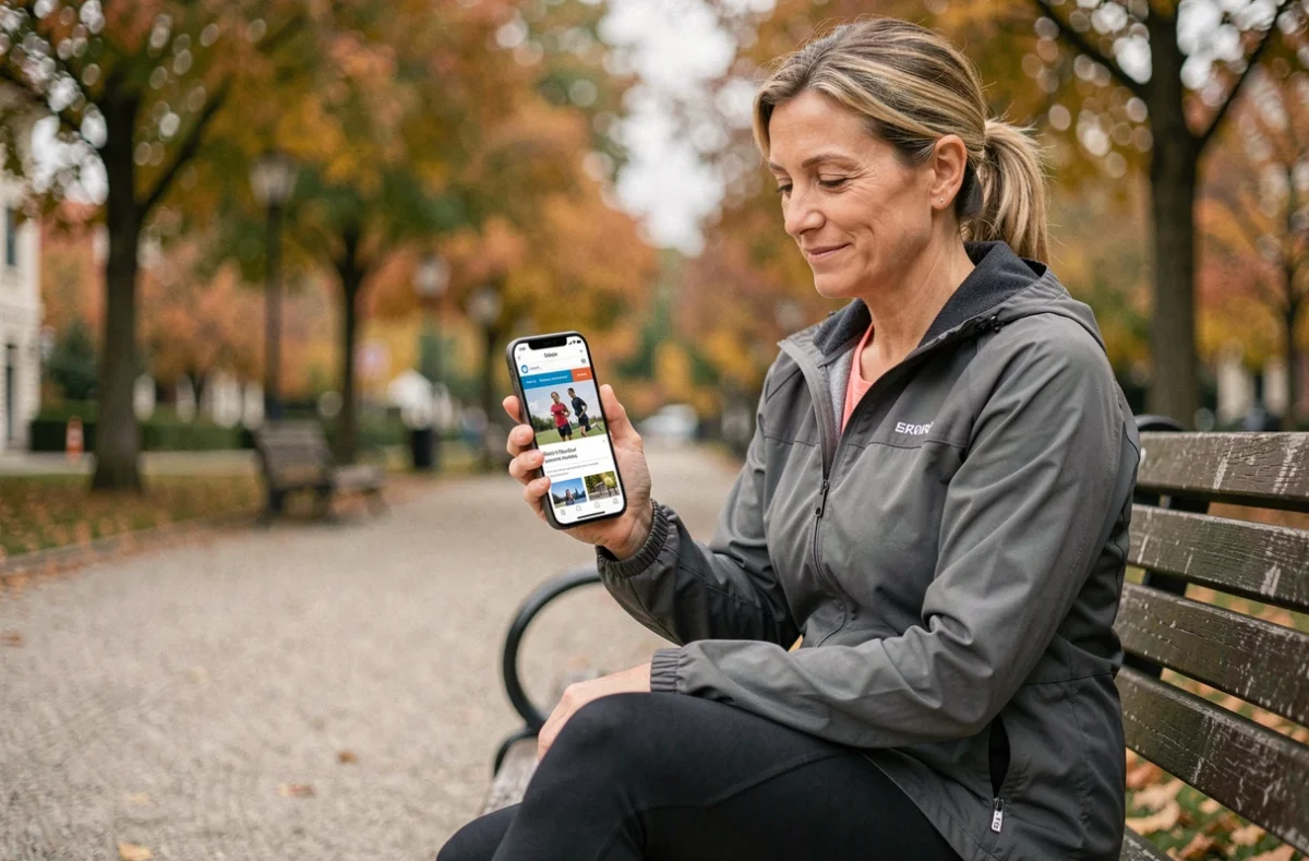 Femme en tenue de running consultant les ressources d'un site sport féminin sur smartphone dans un parc urbain en automne