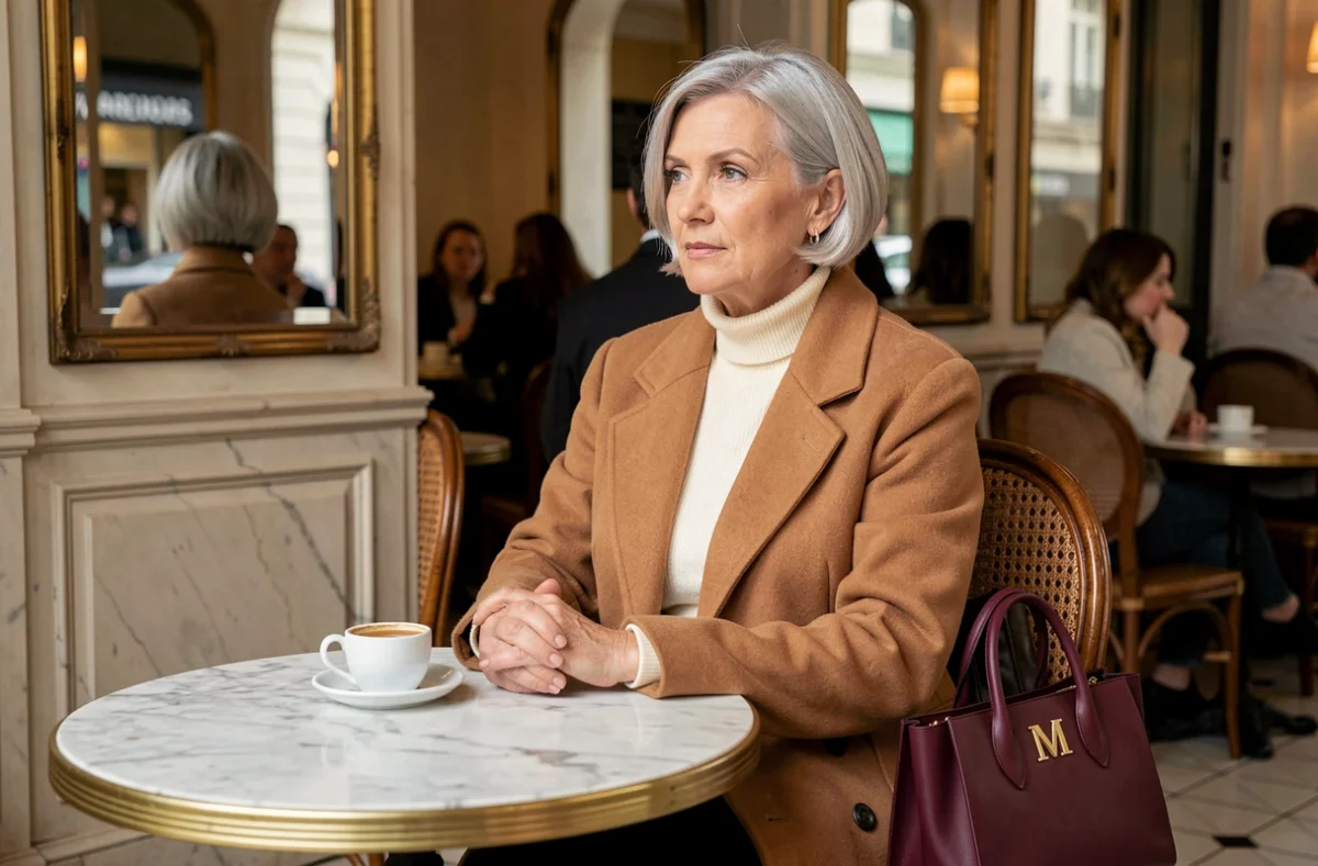 Femme aux cheveux argentés avec sac Double M bordeaux dans un café parisien, photographie de mode éditoriale élégante