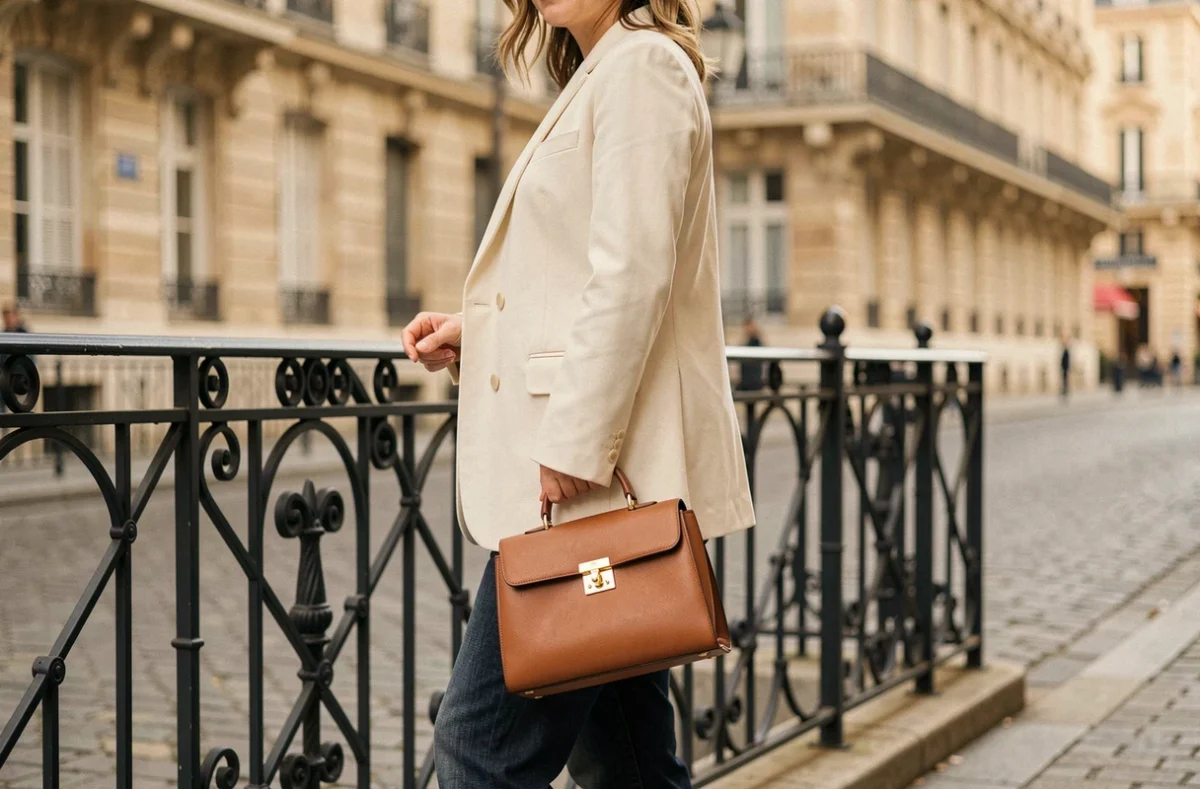Femme élégante portant un sac Double M en cuir cognac dans une rue pavée parisienne, style éditorial mode années 90