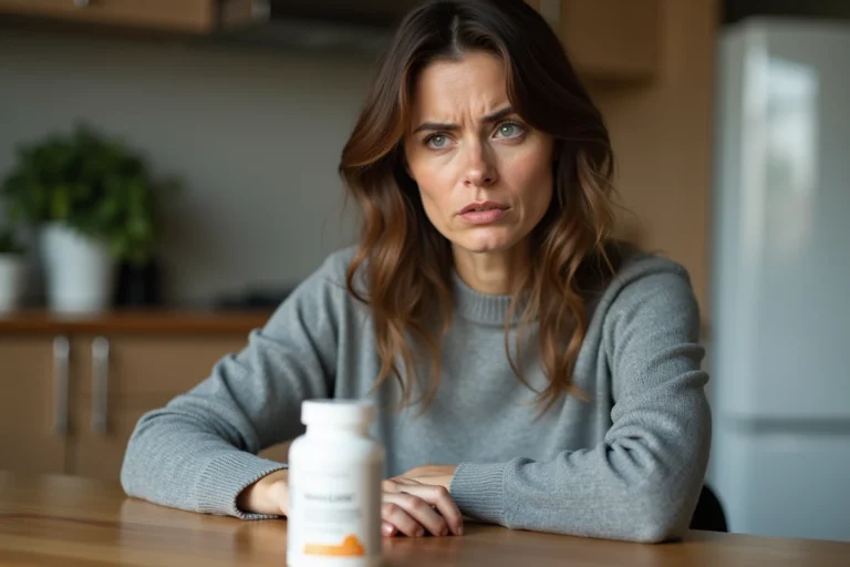 Femme sceptique examinant un complément alimentaire minceur à la maison, illustrant les doutes sur les produits Dietplus