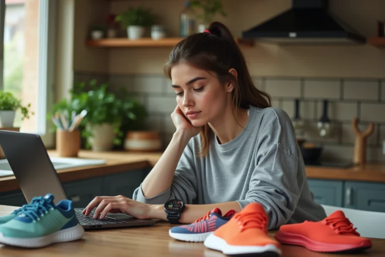 Jeune femme en athleisure compare des équipements sportifs