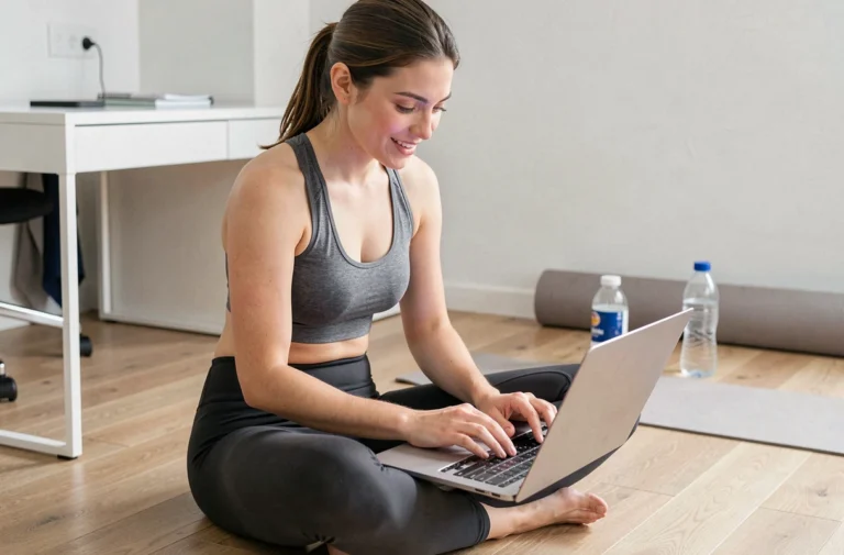 Jeune femme sportive consultant un site dédié au sport féminin sur son ordinateur portable dans un espace minimaliste