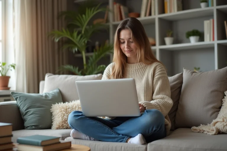 Jeune femme regardant un ordinateur portable dans un salon cosy