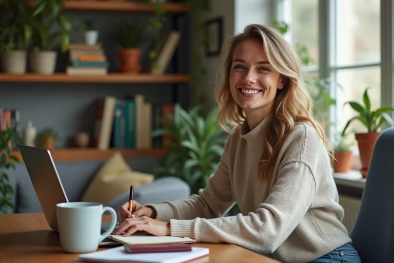 Femme voyageuse assise à son bureau à la maison