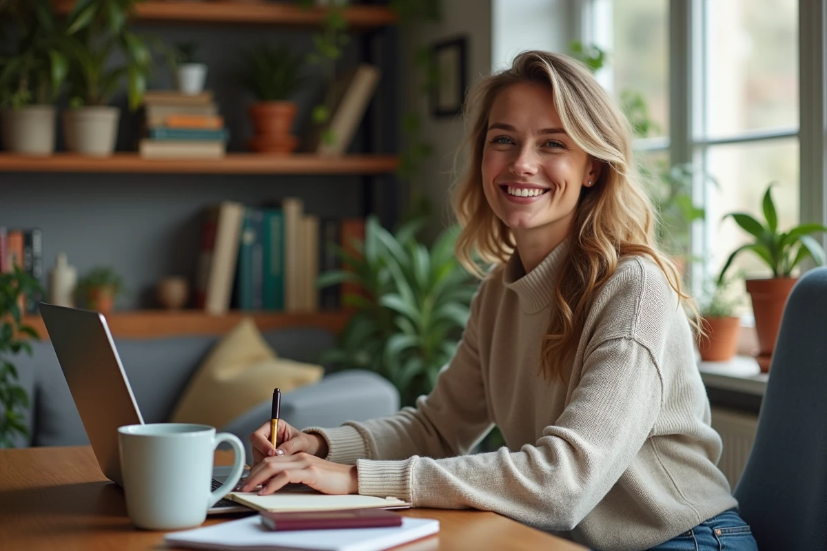 Femme voyageuse assise à son bureau à la maison