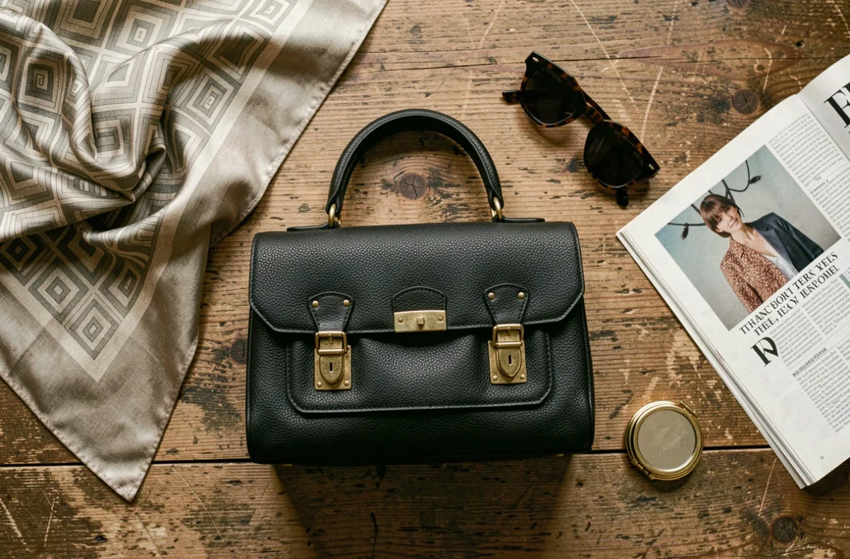 Flat lay vintage du sac Double M noir avec accessoires mode années 90 sur table en chêne, photographie éditoriale lifestyle
