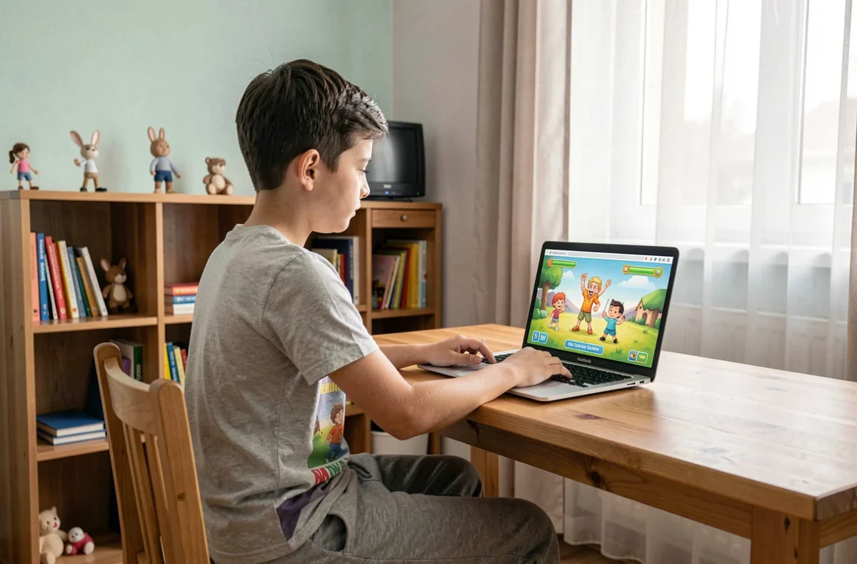 Garçon concentré jouant à un jeu éducatif sécurisé sur un ordinateur portable dans sa chambre