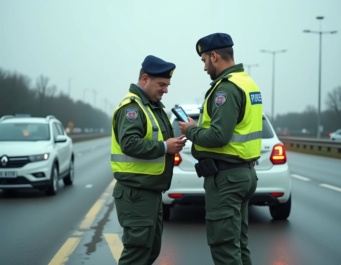 Deux gendarmes contrôlant le contrôle technique d'un véhicule arrêté sur une aire d'autoroute en France