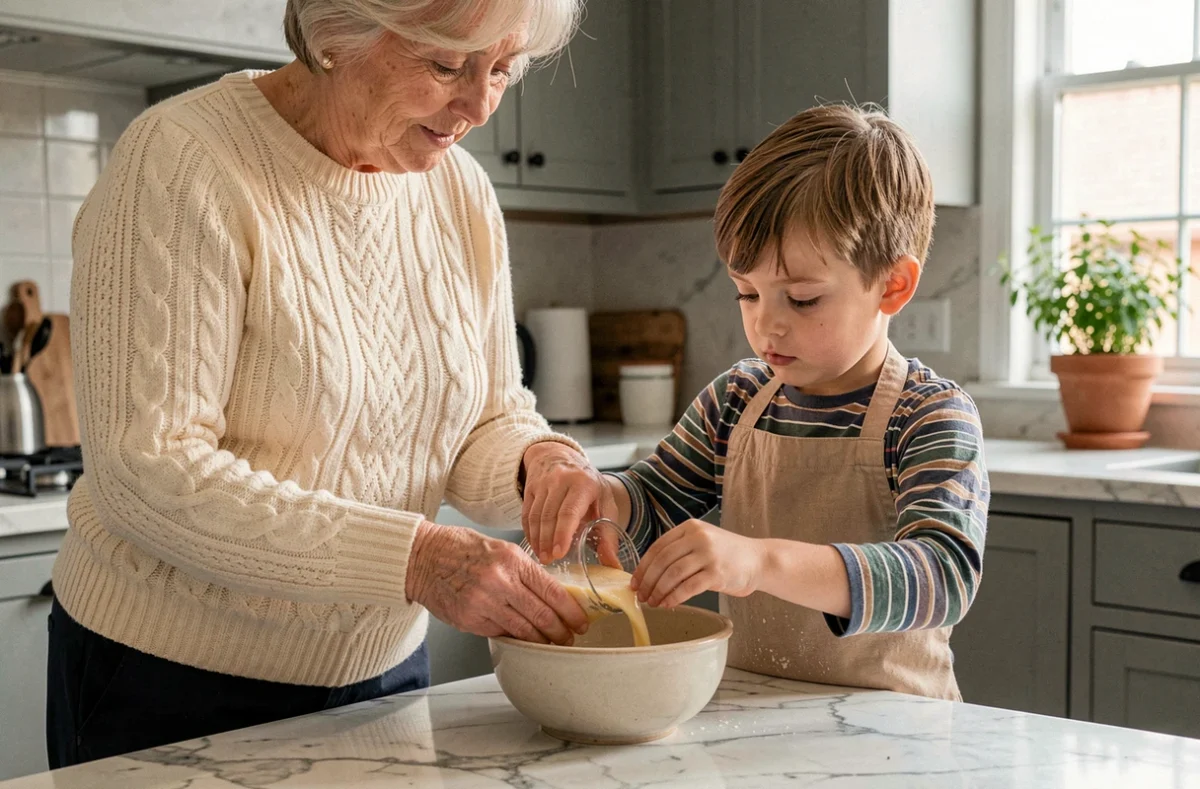Grand-mère guidant son petit-enfant dans la préparation d'une recette dans une cuisine familiale lumineuse