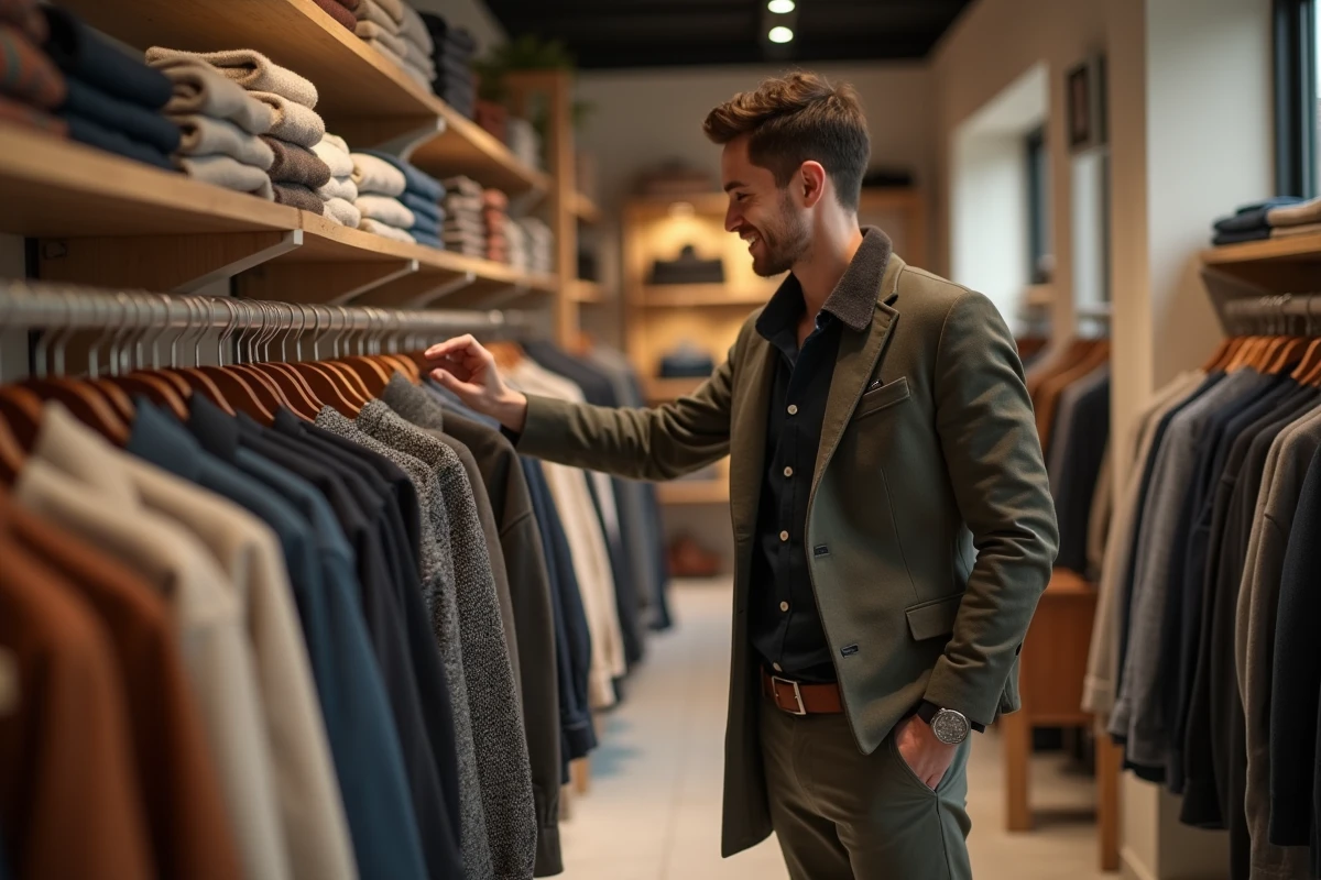 Homme souriant dans une boutique de vêtements moderne