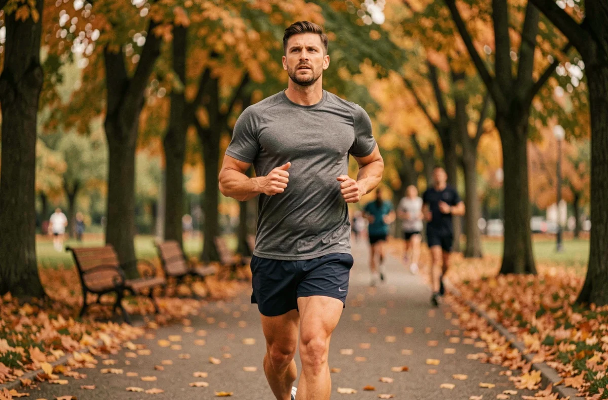 Homme faisant du jogging dans un parc en automne pour retrouver la forme et mincir