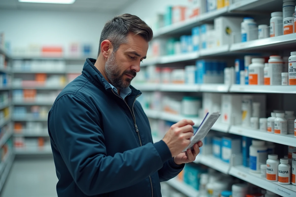 Homme lisant attentivement l'étiquette d'un complément minceur en pharmacie, mettant en lumière les risques potentiels des produits de régime