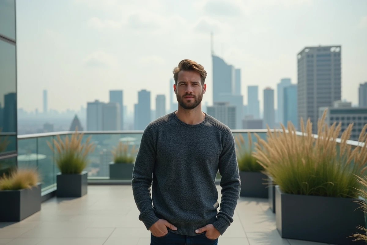 Homme décontracté sur une terrasse urbaine avec skyline