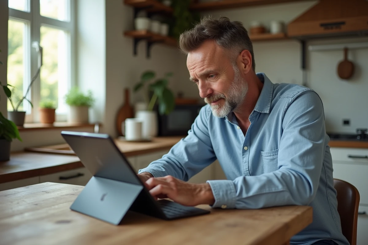 Homme d age moyen utilisant une tablette dans la cuisine