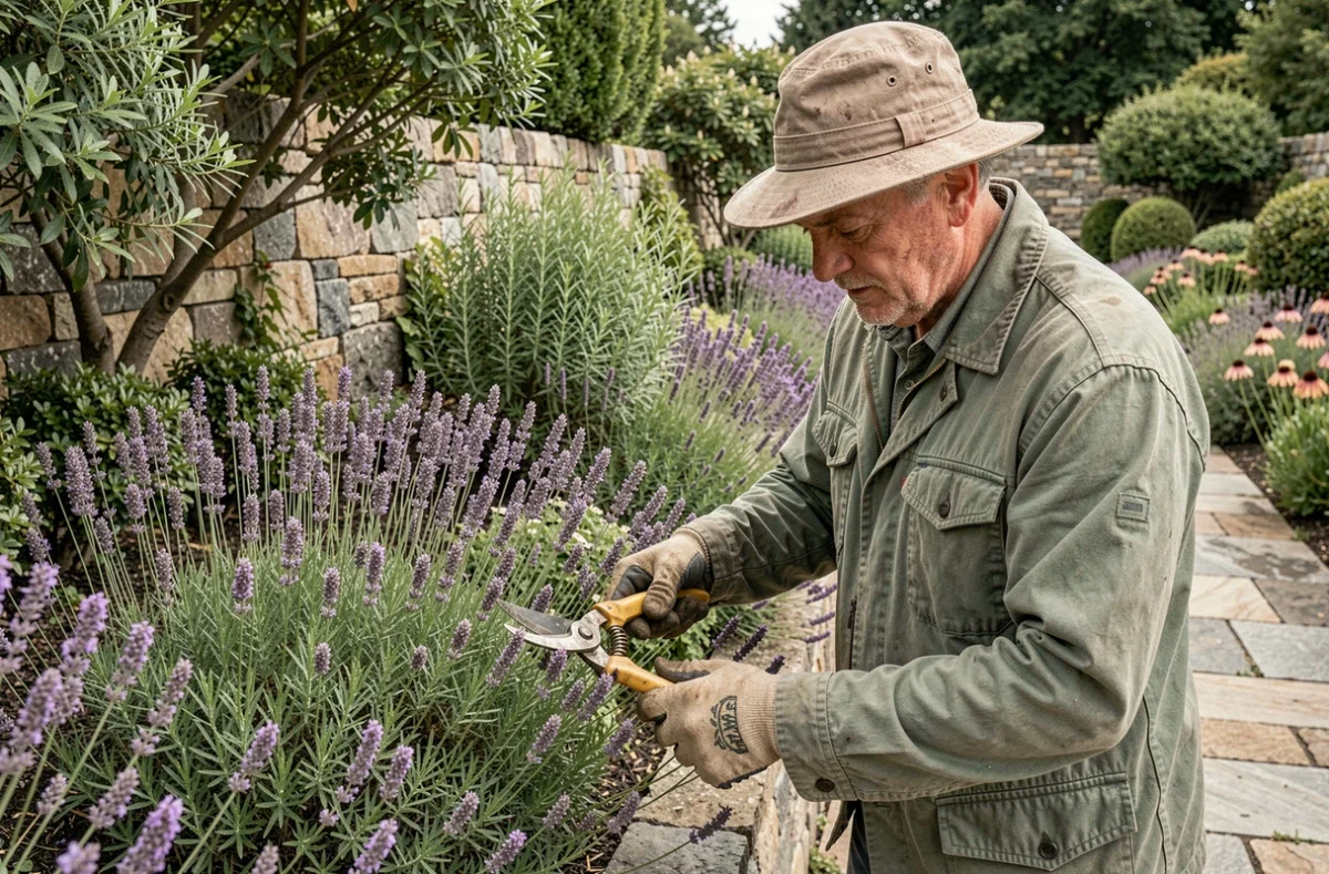 Homme entretenant une bordure de fleurs vivaces et taillant de la lavande dans un jardin à allée en pierre
