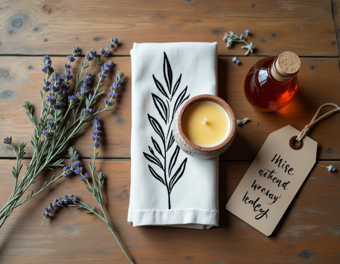 Flatlay de cadeaux artisanaux uniques comprenant une bougie en cire d'abeille, une serviette en lin imprimée et du miel artisanal sur bois vieilli