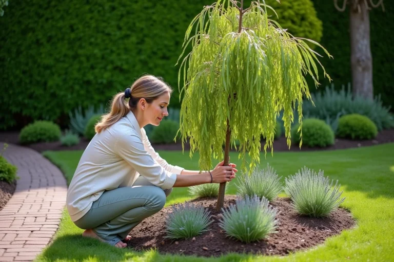Femme en jardinage prune un salix integra dans un jardin