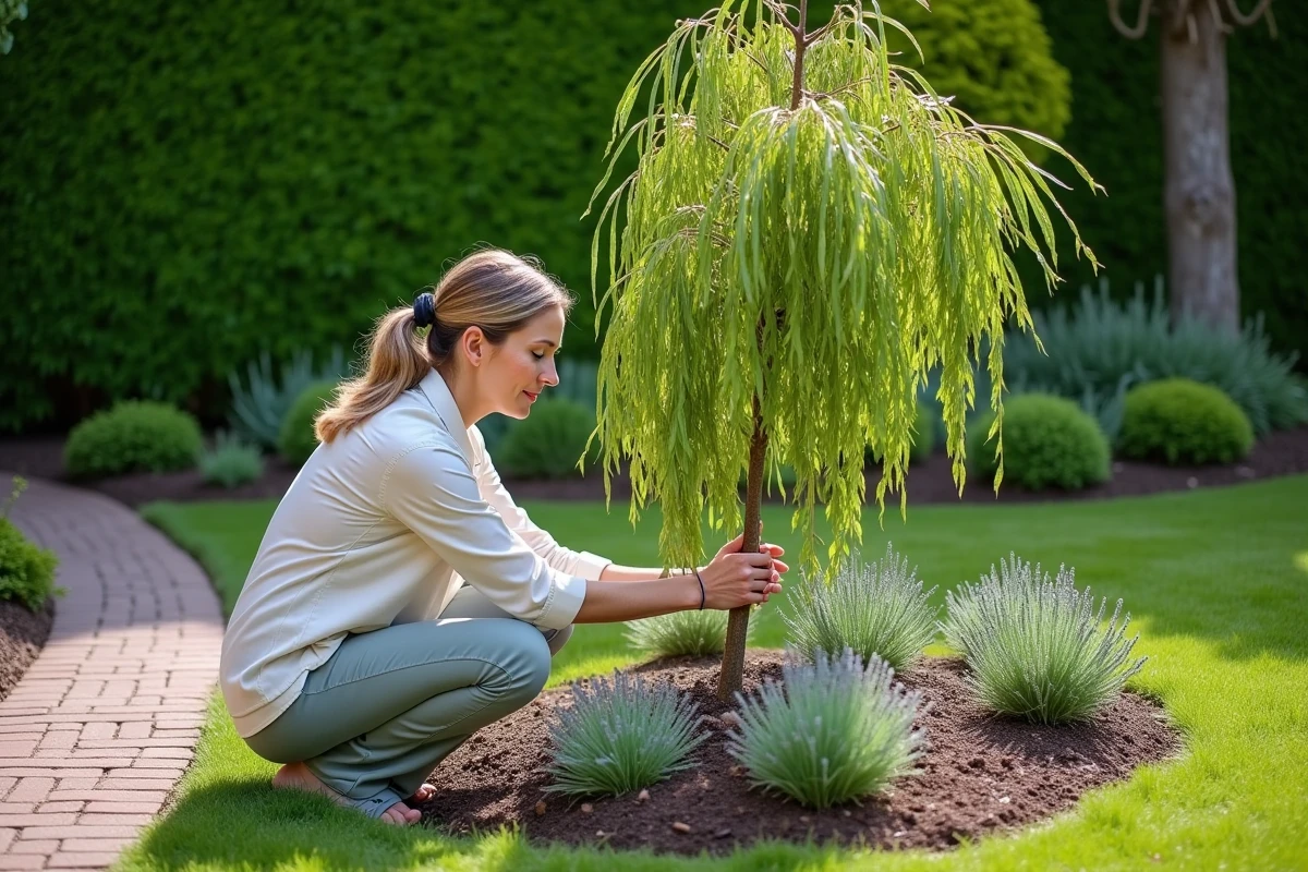 Femme en jardinage prune un salix integra dans un jardin