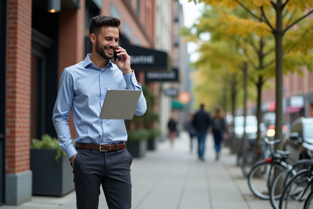 Jeune entrepreneur dehors dans un espace de coworking