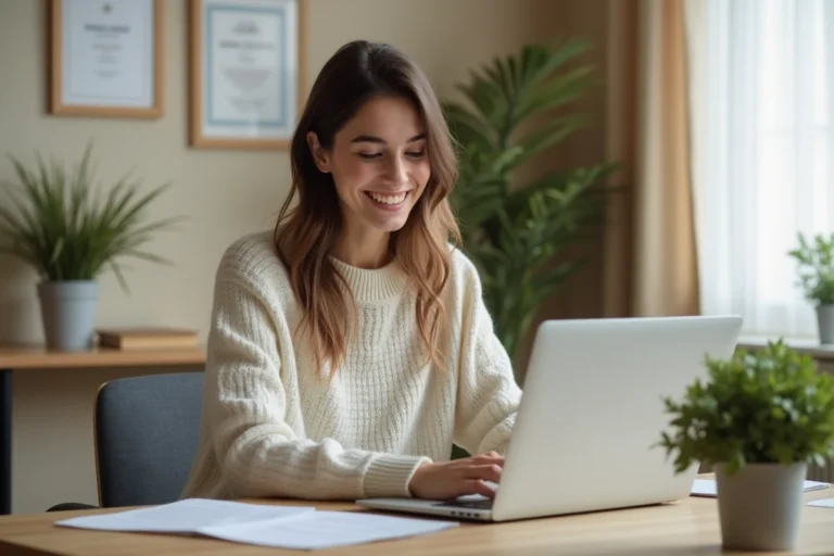 Jeune femme concentrée travaillant sur son ordinateur dans un bureau calme
