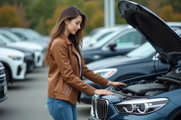 Jeune femme examine le moteur d'une voiture en extérieur