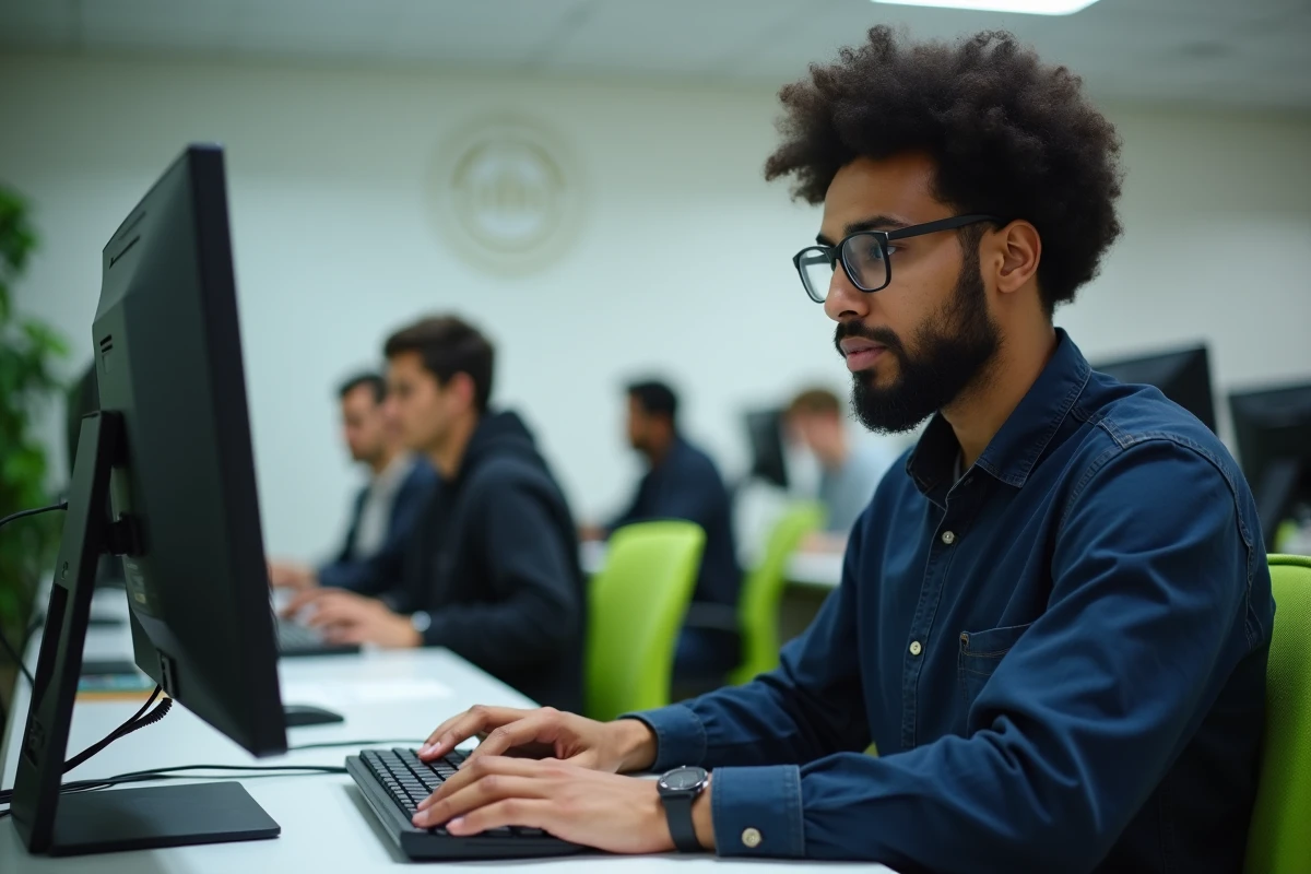 Jeune homme étudiant examinant son application sur un écran d