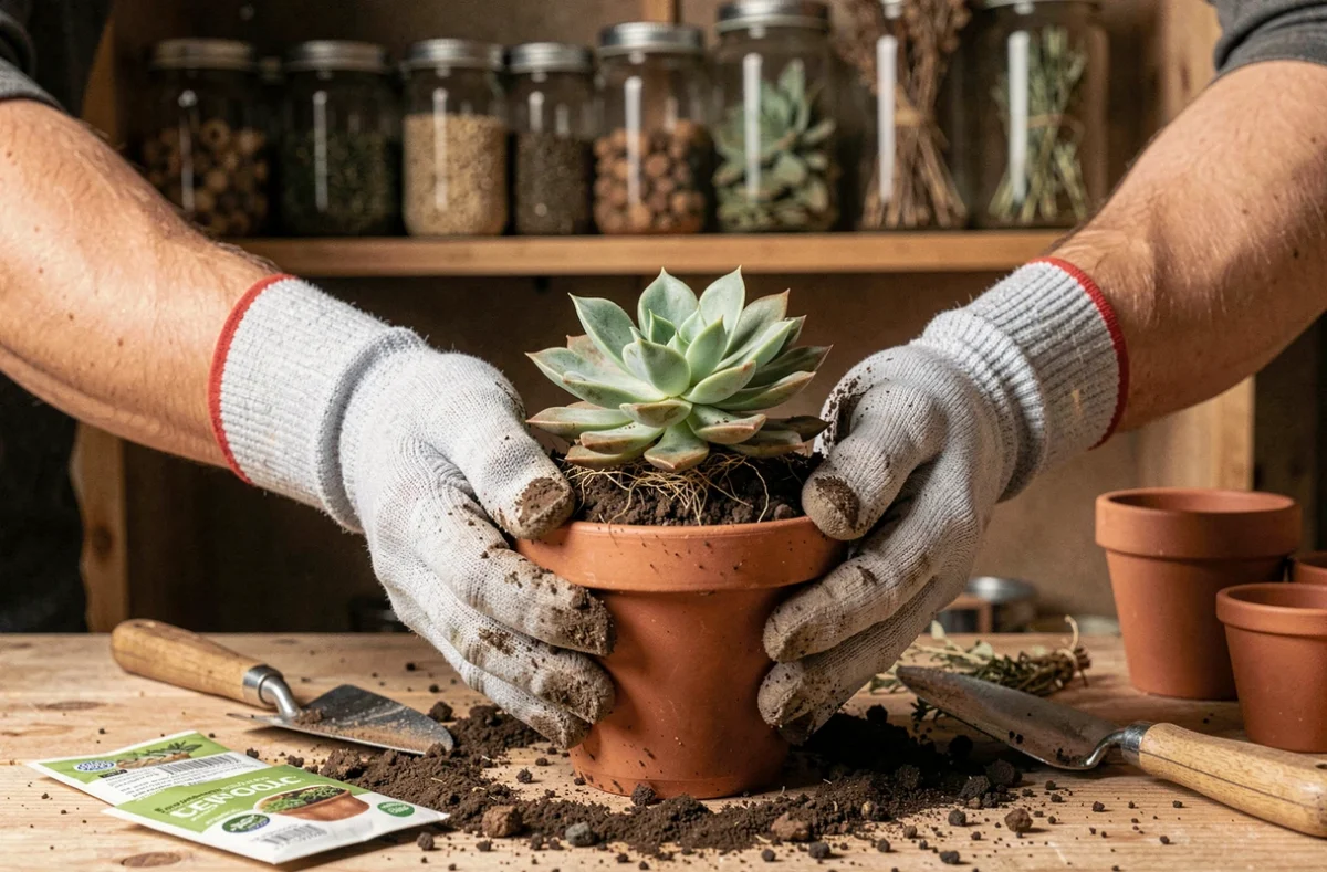 Mains gantées rempotant une plante succulente sur un établi de jardinage en bois avec outils et terreau