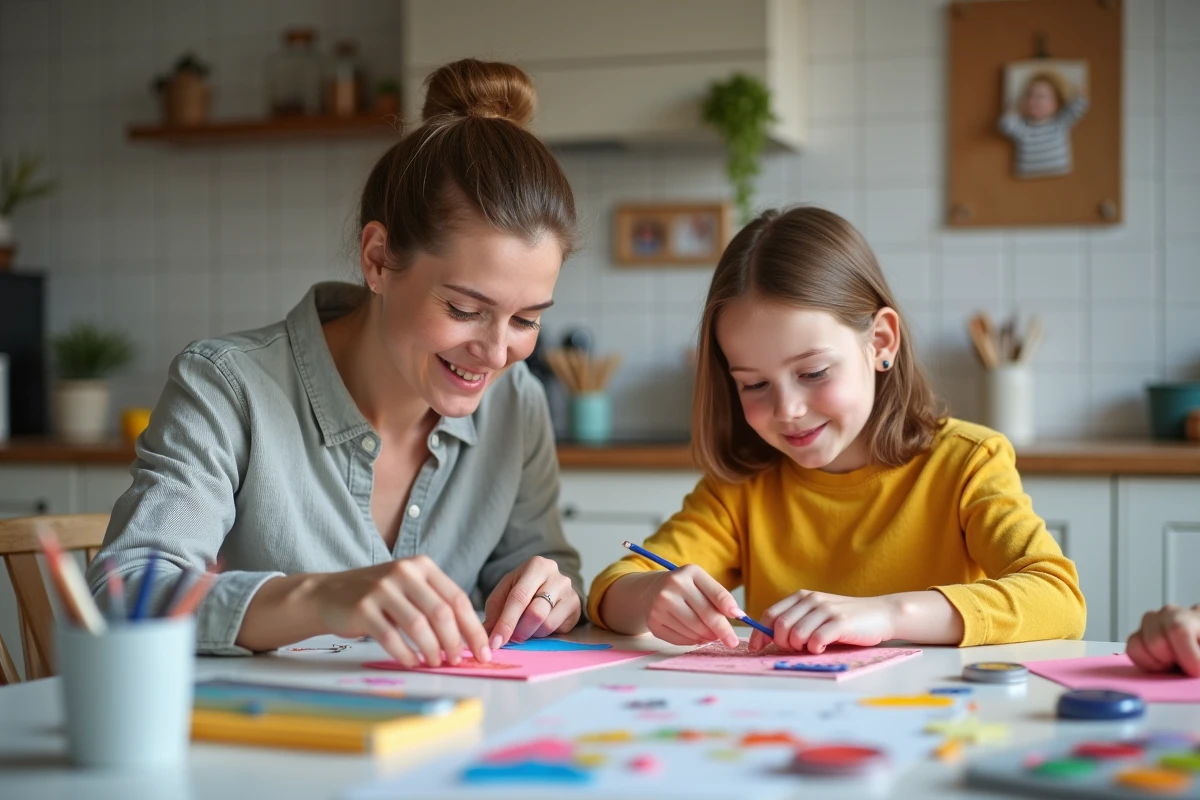 Mère et fille créant un projet artistique ensemble