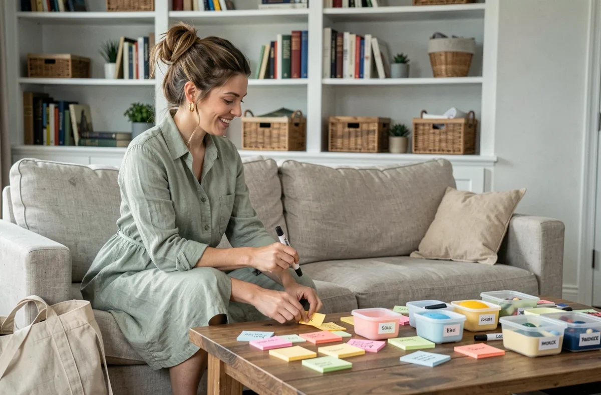 Jeune maman organisée triant des étiquettes et boîtes de rangement dans un salon décoré avec goût