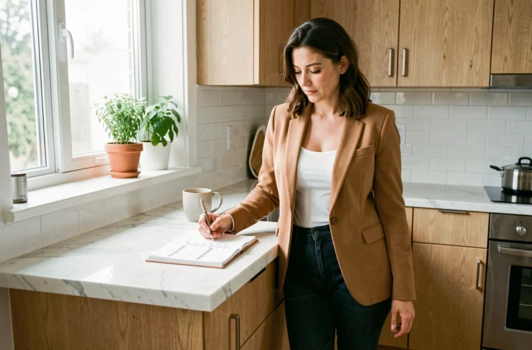 Maman stylée en blazer camel consultant son agenda dans une cuisine moderne et organisée
