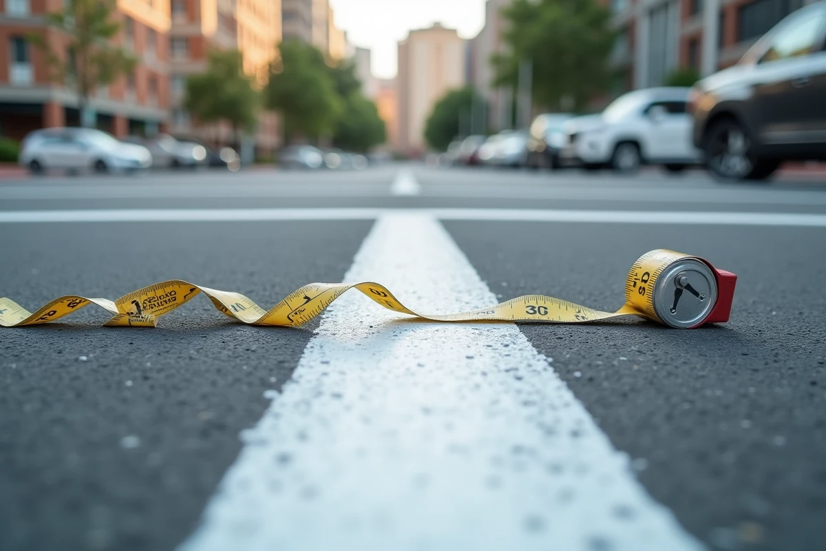 Gros plan sur le marquage au sol d'une place de parking standard avec un mètre ruban illustrant les dimensions réglementaires