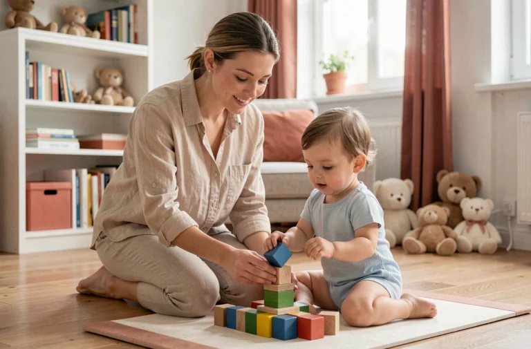 Mère accompagnant son jeune enfant dans un jeu d'éveil avec des cubes en bois dans un salon chaleureux et épuré