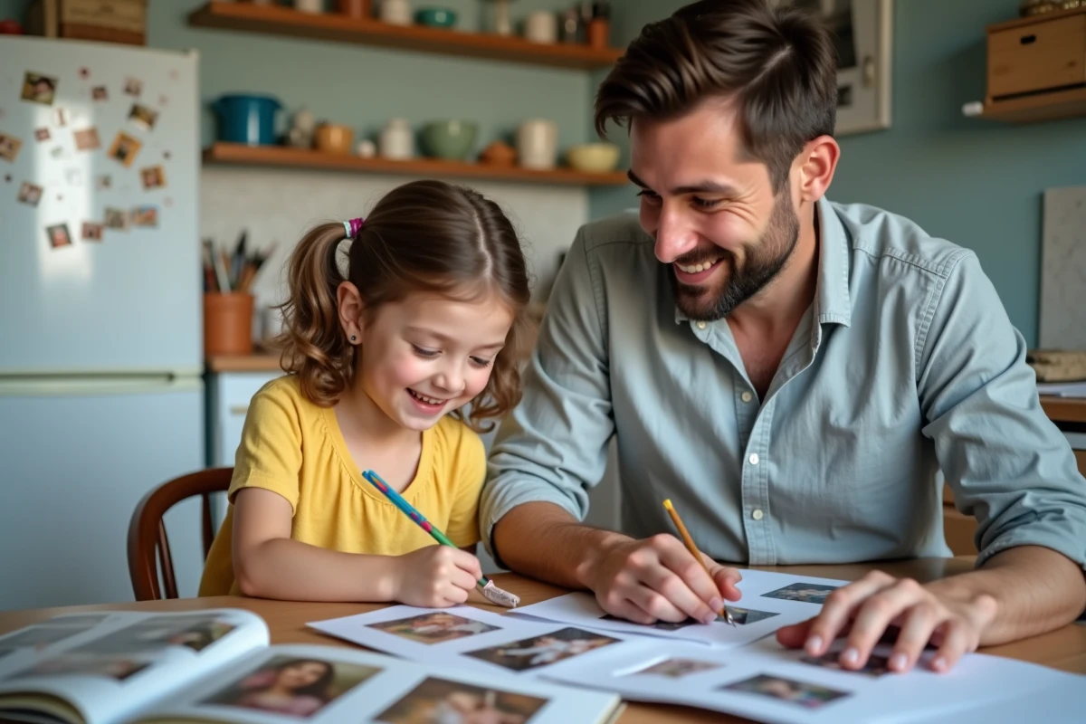 Père aidant sa fille à choisir des photos dans la cuisine