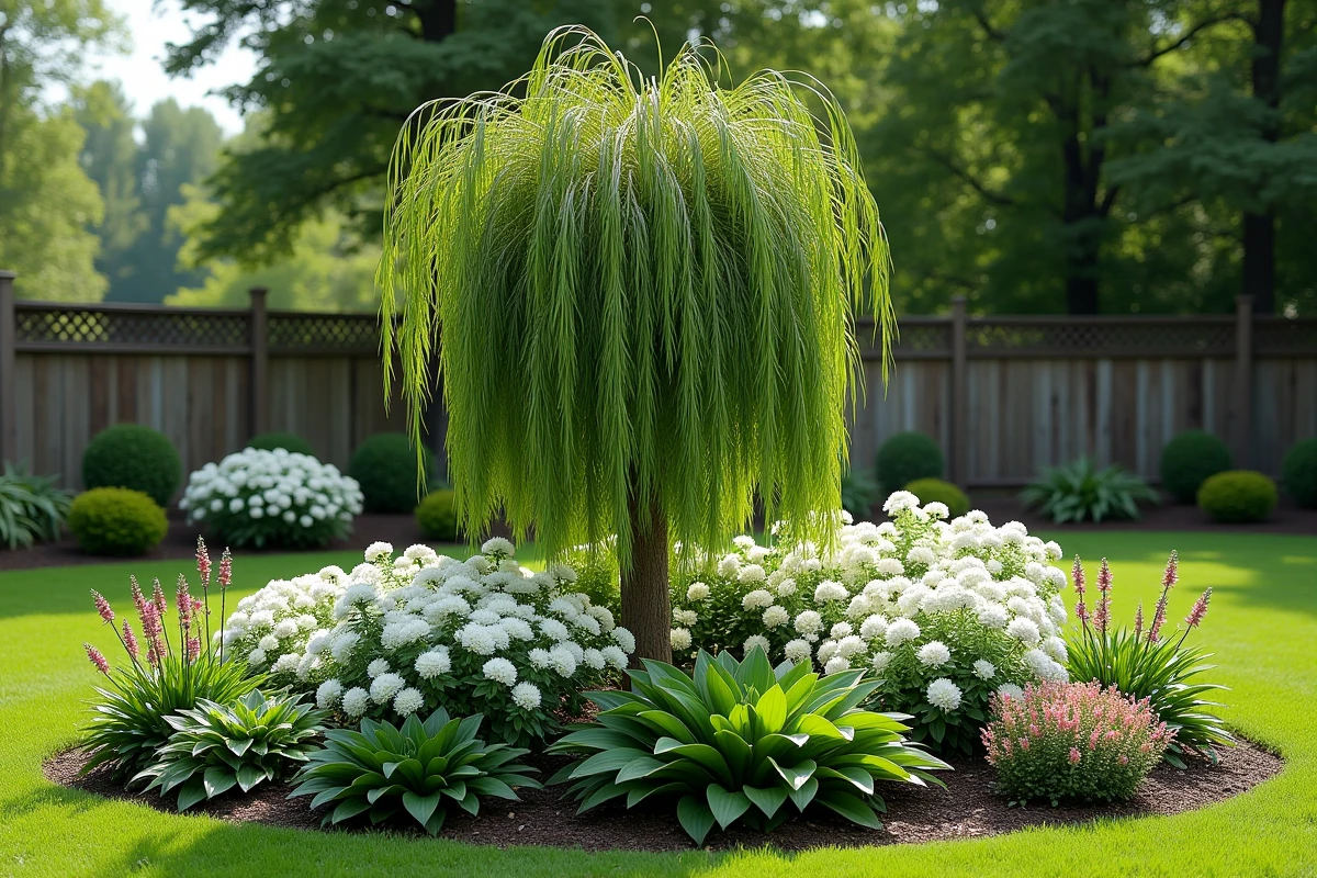 Parterre de fleurs avec salix integra dans un jardin privé