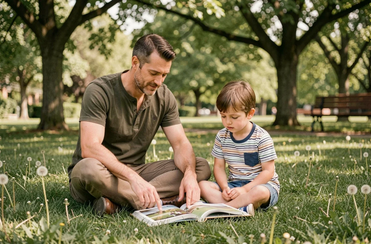 Père lisant un livre illustré avec son enfant assis dans l'herbe d'un parc verdoyant en plein air