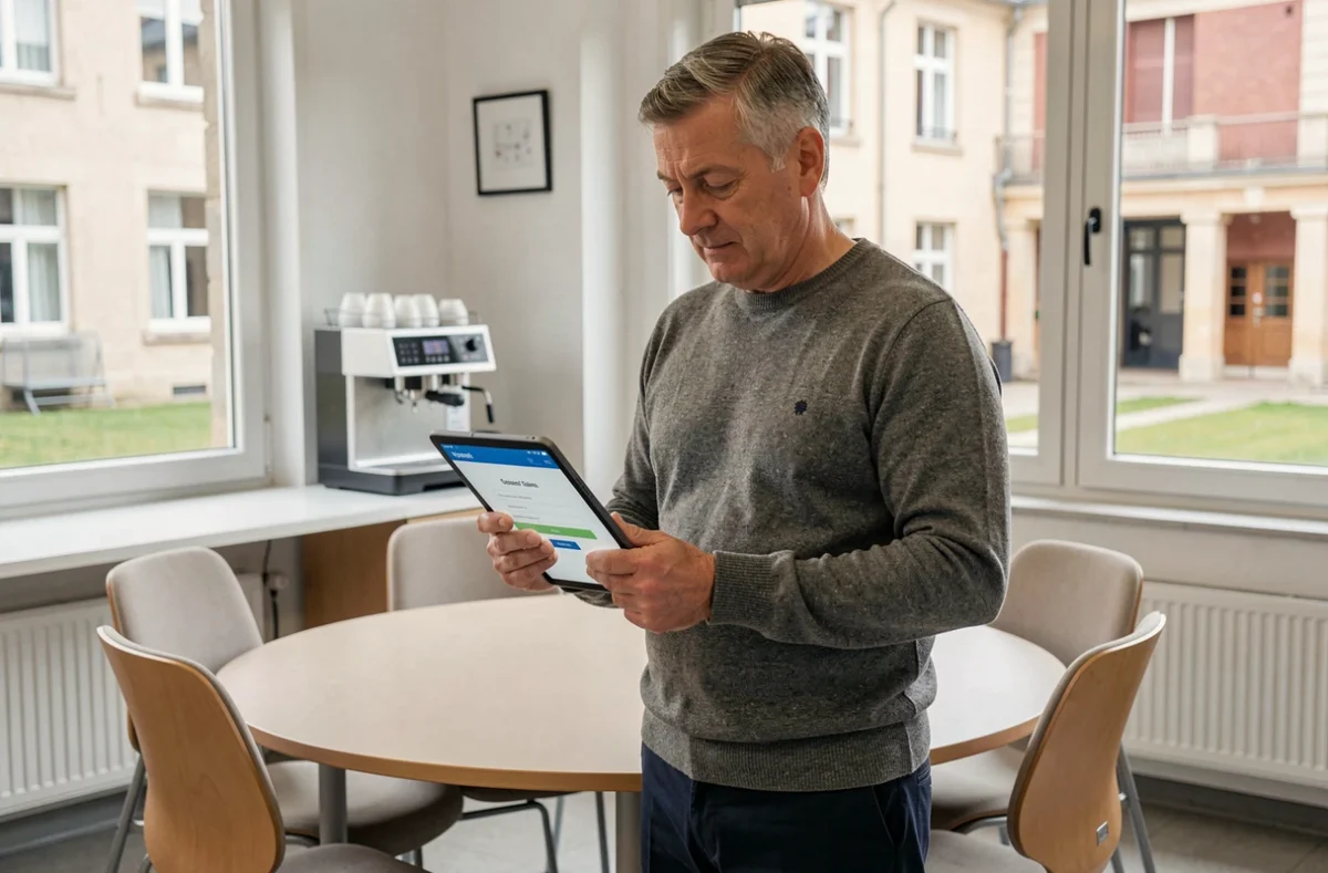 Un personnel de l'éducation nationale consultant le portail Convergence de l'académie de Toulouse sur une tablette en salle des professeurs