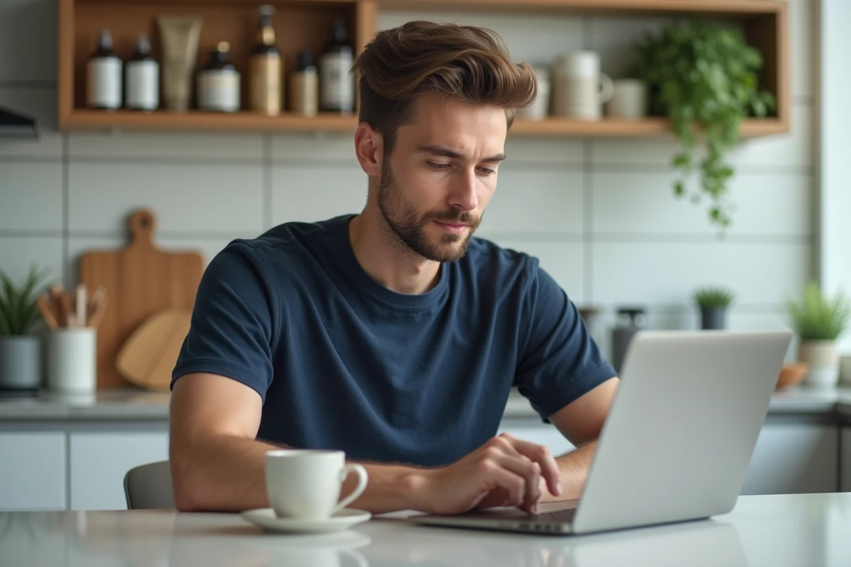 Jeune homme sur un petit déjeuner avec produits de beauté