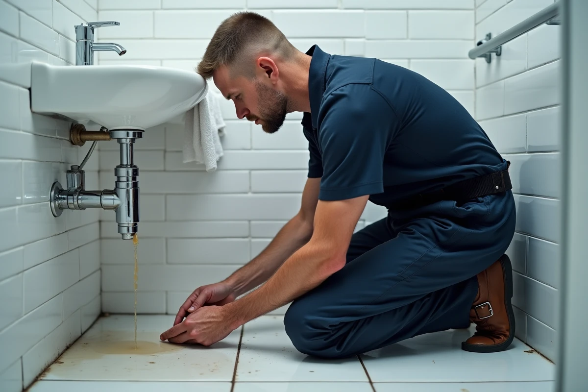 Plombier inspectant une fuite sous un lavabo de salle de bain avec de l'eau visible sur le carrelage