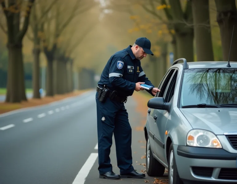 Policier français vérifiant le contrôle technique d'un automobiliste lors d'un arrêt routier en banlieue