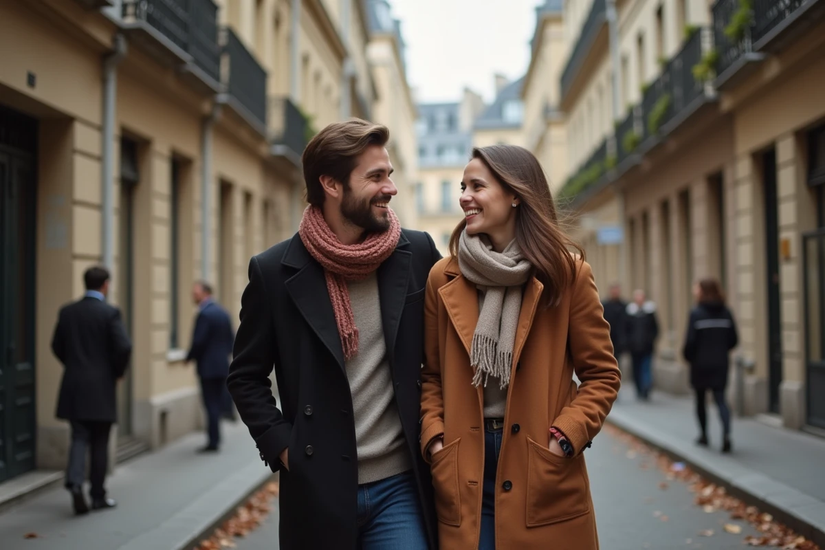 Couple marchant dans une rue parisienne en automne