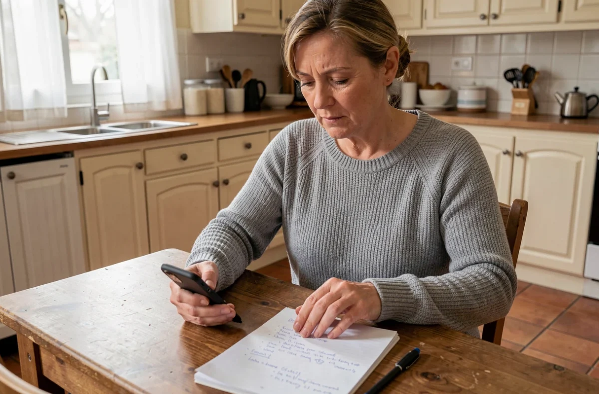 Femme cherchant un électricien professionnel proche de chez elle sur son smartphone dans une cuisine française