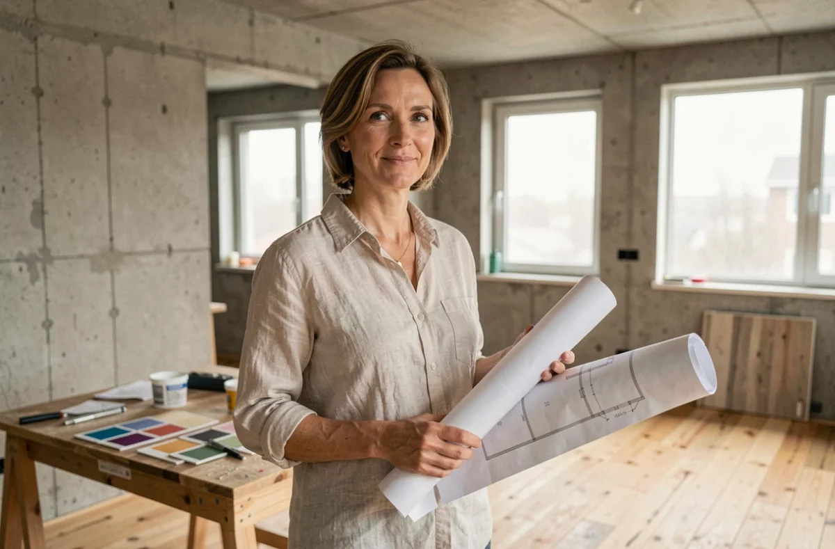 Femme architecte d'intérieur tenant un plan dans un salon en cours de rénovation avec parquet en installation et murs en béton brut