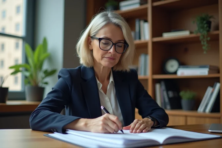 Femme professionnelle révisant des documents juridiques de copropriété dans un bureau à domicile moderne