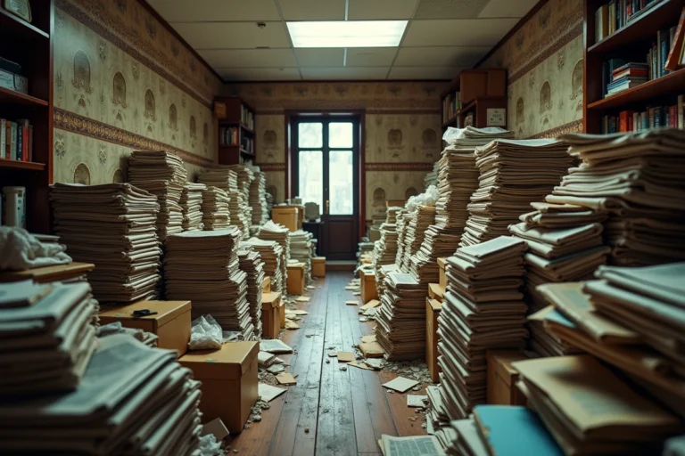 Salon encombré par des piles de journaux, cartons et objets entassés jusqu'au plafond, illustrant la syllogomanie