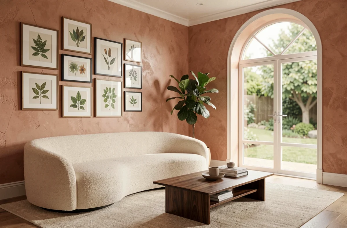 Salon moderne rénové avec canapé boucle crème, mur en stuc terracotta, plante tropicale et grande fenêtre en arche donnant sur un jardin