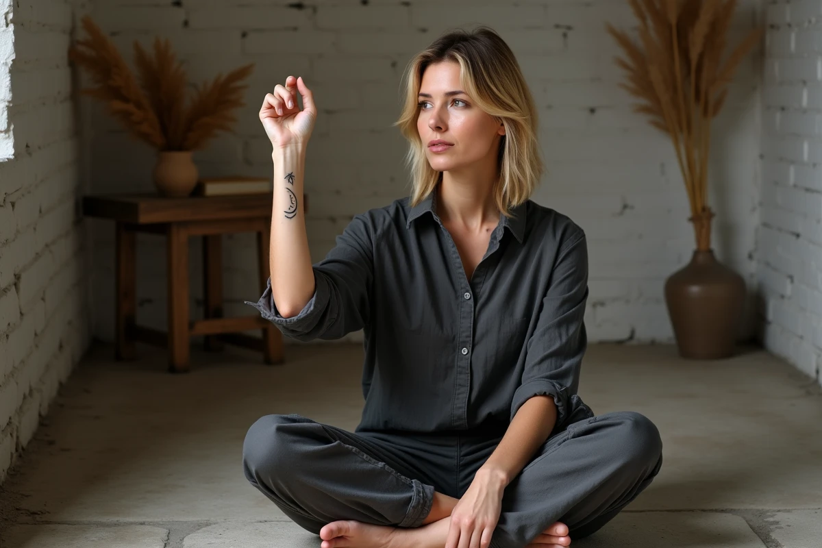 Femme assise avec un tatouage lune et étoiles sur le poignet dans un studio minimaliste, symbole de solitude et d'introspection